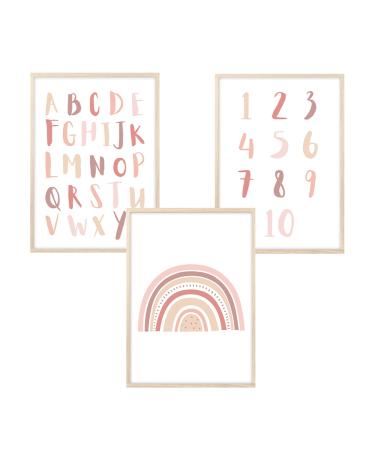Meinbaby123 pictures children's room |3 Set A4 Poster |Alphabet ABC learning posters pay rainbow |Decorative children's room girl |Baby room |Wall poster Premium (ABC rainbow numbers - pink) - Buy Online on GoSupps.com