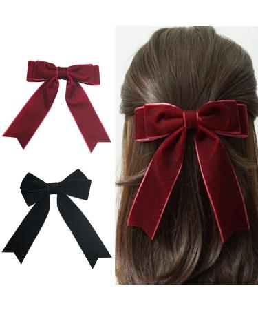 LZZEM 2Pcs Bow Hair Clip for Girls Velvet Hair Bow with Long Ribbon Large Satin Ribbon Bow Hairpins Bows Hair Barrettes for Girls Women