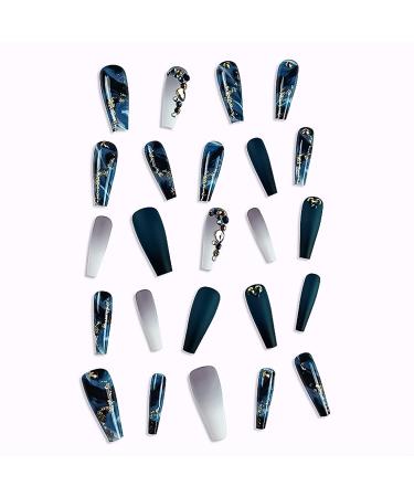 24 Pcs Long Coffin Dark Blue Press on Nails with Rhinestone and Gold Sequins - Gradient Matte Full Cover False Nails for Women and Girls - Buy Online on GoSupps.com