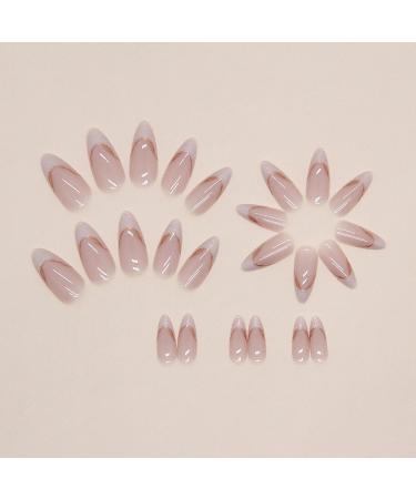 Buy MISUD Almond Press on Nails - Medium Stiletto Glossy Chrome Acrylic Bling French Tip - 24 pcs Nude Pink | International Shipping Available - Buy Online on GoSupps.com