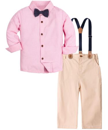 mintgreen Baby Boy Outfits Set 4pcs Infant Gentalman Wedding Suit Long Sleeves Striped Shirts + Trousers + Suspenders + Bowtie 12-18 Months Pink