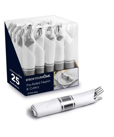 Pre Rolled Plastic Silverware Sets for Parties (25 Pack) Silver Cutlery Set, Disposable Spoons, Forks, Knives, Napkins Prewrapped, Heavy Duty Utensils Individually Wrapped for Wedding, Thanksgiving