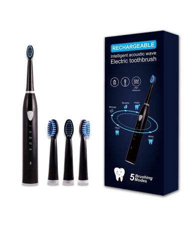 Rechargeable Electric Sonic Toothbrush for Adults Teens with 5 Modes 2 Mins Timer and 4 Duponts Toothbrush Heads 4 Hours Charge Last 30 Days Black