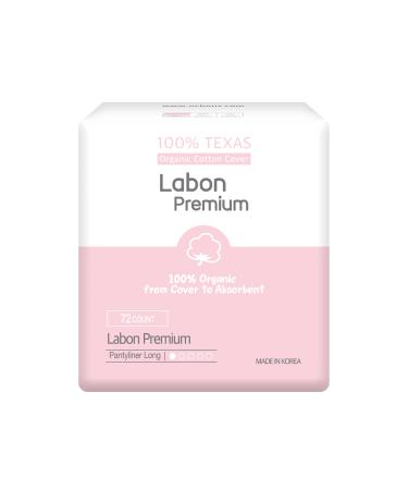 LABON Premium Vegan Organic Pantyliner - 100% Organic Cotton Topsheet. Ultra Thin Hypoallergenic Unscented Quick Absorbency (Long 72pcs)