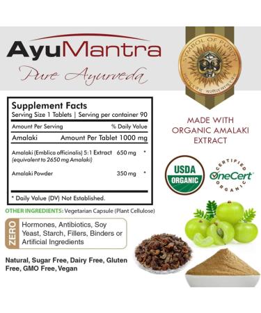 AyuMantra Organic Amalaki (Indian Gooseberry/Emblica Officinalis) Extract Tablets - 90 Tablets 1000 mg - Buy Online on GoSupps.com