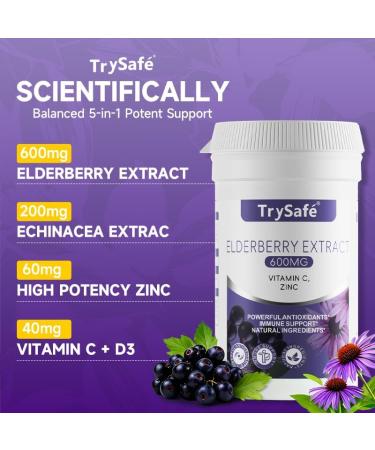 TrySafe 900mg Elderberry Immune Support Supplement 5-in-1 Formula with 10:1 Concentrated Extraction 600mg Elderberry Extract 200mg Echinacea Extract 60mg Zinc 40mg VC + VD Support Immune System* - Buy Online on GoSupps.com