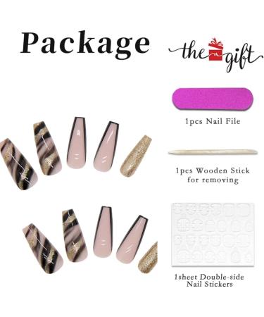 Black Marble French Tip Press On Nails Long with Gold Foil - 24Pcs - Buy Online on GoSupps.com