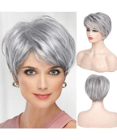 Beweig Short Grey Wigs for White Women Short Cut Layer Sliver Gray Wigs with Bangs Synthetic Hair Replacement Wigs Silver Gray