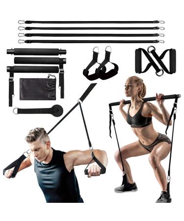 Pilates Bar Kit with Resistance Bands (2 Standard & 2 Strong), Protable Home Gym Workout Equipment For Women, Perfect Stretched Fusion Exercise Bar and Bands for Toning Muscle, Leg, Butt and Full Body Black(Adjustable)