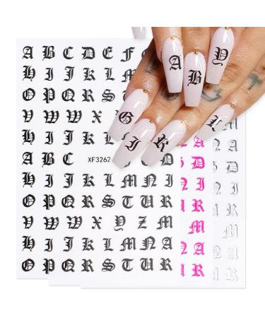12 Sheets Letter Nail Art Stickers - Alphabet Nail Decals - 3D Self-Adhesive Nail Art Supplies - Holographic Old English Character Nail Stickers English Font Designs Manicure Decorations Accessories