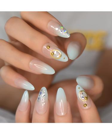 Ombre Almond Medium Fake Nails with Rings | Holo Glossy 3D Bling Press On Nails | Nude Light Green Gradient - 24pcs Kit - Buy Online on GoSupps.com