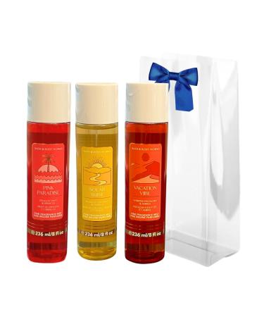 Bath & Body Works PINK PARADISE SOLAR SHINE VACATION VIBE Fine Fragrance Mist 3-piece Gift Set with a Red Bow for Holidays & Gifts 8 fl oz each - Summer Scents