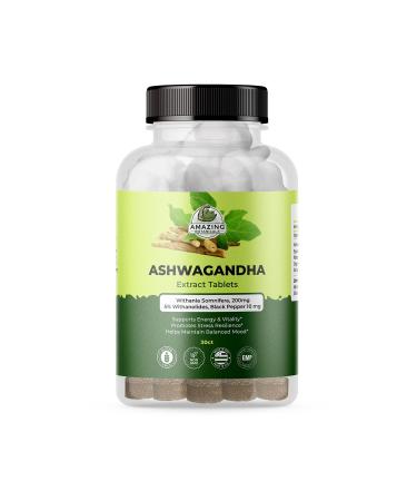 Organic Ashwagandha Root Extract Tablets - High Potency 30:1 - 200mg Ashwagandha Tablets Made With 10mg Organic Black Pepper for Enhanced Absorption - Vegan, Non-GMO, Gluten Free - 30 count