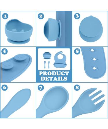 Vicloon Silicone Baby Feeding Set - 4Pcs Weaning Set with Suction Plate, Bib, Spoon & Fork | BPA-Free Toddler & Kids Bowl Set - Blue - Buy Online on GoSupps.com