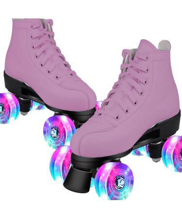 Perzcare Roller Skate Shoes for Women&Men Classic PU Leather High-top Double-Row Roller Skates for Beginner, Professional Indoor Outdoor Four-Wheel Shiny Roller Skates for Girls Unisex 36/-9.06"/Women's 5.5/Men's 4.5/-UK:3 Purple Flash Wheel