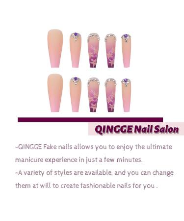 QINGGE Rhinestones Coffin Press on Nails - Pink Flower Design | Long Fake Nails for Women | Matte Stick on Nails - Buy Online on GoSupps.com