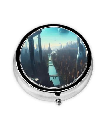 Cities of The Futureround Pill Box 3 Compartments Round Pill Box Organizer for Purse Or Pocket Portable Travel Pill Box