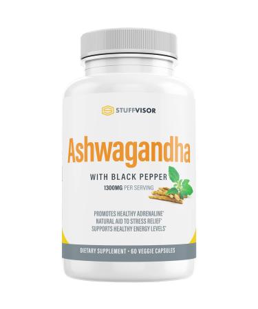 Stuffvisor Ashwagandha Supplements | Organic Ashwagandha Capsules 1300mg | Ashwagandha with Black Pepper | Stress Relief and Natural Mood Support | 60 Veggie Capsules