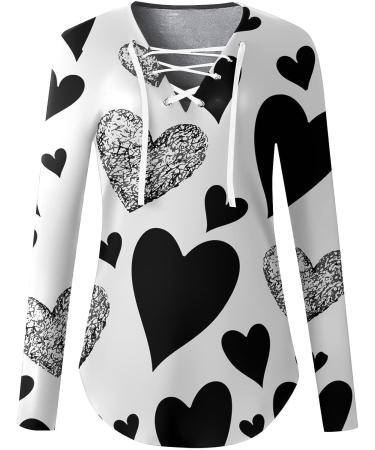Womens Valentines Day Heart Print Long Sleeve Top | Drawstring V Neck Blouse | Loose Fit Casual Shirt | X-Large White - Buy Online on GoSupps.com