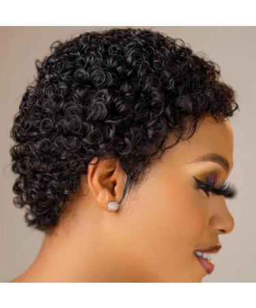 Besteffie Short Curly Human Hair Wigs for Black Women - 100% Brazilian Virgin Hair Pixie Cut Afro Kinky Curly Wig (1B) - Buy Online on GoSupps.com