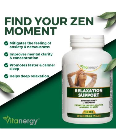 Vitanergy L-Theanine Mental Focus & Calmness - Promote Stress Anxiety Relief Relaxation and Sleep Aid - 100mg Chewable Tablets 60ct Tropical Flavor- Made in Canada - Buy Online on GoSupps.com