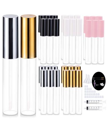 30 Pcs 10ml Lip Gloss Tubes With Wand Empty Refillable Lip Balm Bottles Clear Lip Gloss Containers Black White Pink Gold Silver with Packing Tools