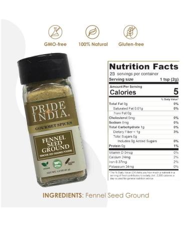 Pride of India Fennel Seed Ground - Natural Gourmet Spice for Tea/Drinks/Roast/Rubs/Bakes - Cooling Properties - 1.8 oz Dual Sifter Jar - Buy Online on GoSupps.com