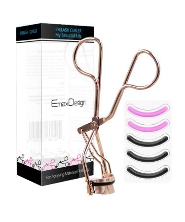 Emax design pain-free eyelash pliers made of stainless steel professional make-up tool with 5 replacement silicone pads-color: red gold-premium steel.Simple application for shapely curved eyelashes