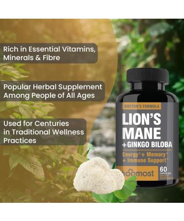 NooMost Lions Mane Supplement Organic Capsules - With Ginkgo Biloba - Cognitive Health Focus & Memory Support - Natural Superfood for Brain Energy & Immune Health - Non GMO- 60 Caps - 2 Month Supply 540 mg - Buy Online on GoSupps.com