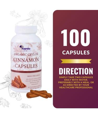 KAPRUKA Organic Ceylon Cinnamon Capsules 1000 mg (2 Capsules) | 100 Capsules 100% Organic Ceylon Cinnamon Pills Vegan Cinnamon Tablets - Buy Online on GoSupps.com
