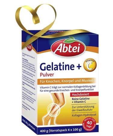 Abbey gelatin powder plus - pure gelatin and vitamin C for bones cartilage and muscles - laboratory testing and high dose - 400 g (4 x 100 g) - storage pack for 40 days 40 portions (1 Pack)