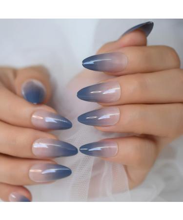 Blue Ombre Gradient Medium Almond Press On Nails - 24 PCs Glossy Acrylic Full Cover with Stickers - Professional Quality eCommerce International Shipping - Buy Online on GoSupps.com