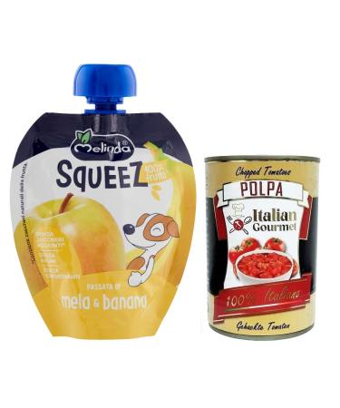 Italian Gourmet E.R. Melinda Mela Banana Squeeze 100% Fruit Puree Apples and Bananas Squeezable Fruit 90g + Italian Gourmet Pomodoro Polpa 400g