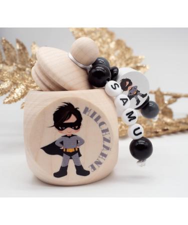 Personalized Superhero Tooth Box for Milk Teeth - Black Wooden Gift from the Tooth Fairy for Boys - Buy Online on GoSupps.com