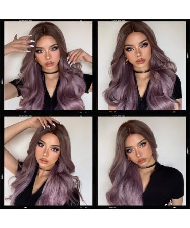 Ombre Purple Wig for Women - Long Wavy Heat Resistant Purple Wig with Dark Brown Roots for Costumes & Daily Wear - Buy Online on GoSupps.com