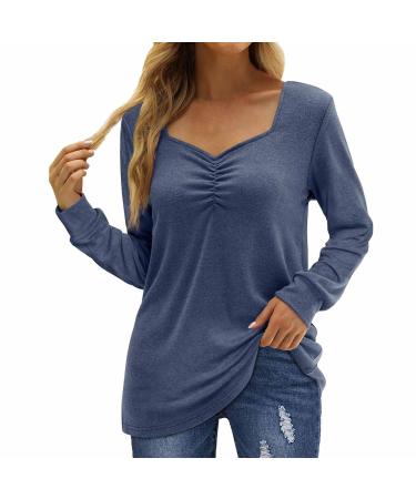 Yck-SAiWed Womens Dressy Long Sleeve Tops Chic V Neck Ruched Tunic Casual Basic Layer Shirts Blouses Lightweight Sweaters Blue XX-Large