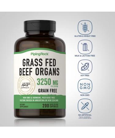 Piping Rock Grass Fed Beef Organs | 3250 mg | 200 Capsules | Liver Kidney Pancreas Heart Spleen Supplement | Non-GMO Gluten Free - Buy Online on GoSupps.com