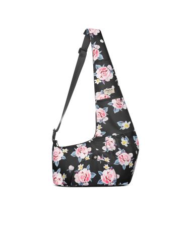 MOSISO Dog Cat Carrier Sling Bag Pet Carrier Curved Zipper Rose Eden Bag Hands Free Adjustable Strap Travel Shoulder Bag with Safety Belt Padded Bottom Support for Small Pets Outdoor Travelling Black