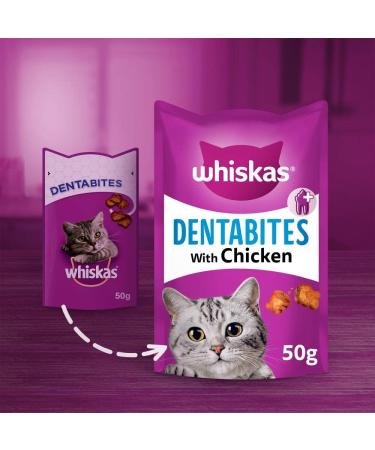 WHISKAS DentaBites Cat Dental Treats for Oral Care Reduce Build up and Help Control Tartar with Delicious Chicken 8 x 50 g - Pack May Vary Chicken 50 g (Pack of 8) - Buy Online on GoSupps.com