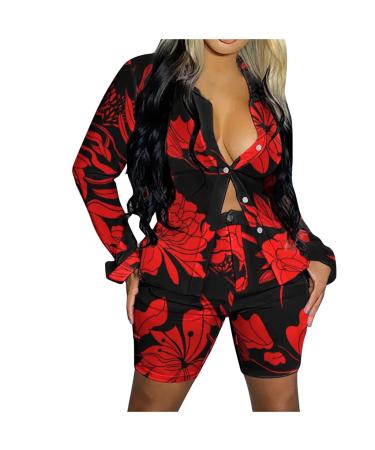 Ganfancp Women Summer 2 Piece Outfits Sexy Slim Cardigan Shirt+Shorts with Pocket Long Sleeve Tie Dye Print Tops Set Suits Red Summer Shirt 00 X-Large