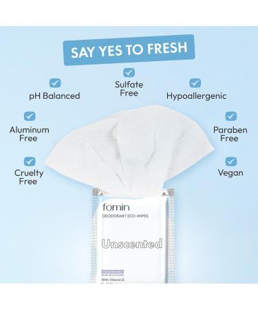 FOMIN Travel Deodorant Wipes - 50 Count - Unscented - pH Balanced Hypoallergenic Mini Deodorant Wipes For Women and Men - Plastic-Free Individually Wrapped Underarm & Body Wipes - Buy Online on GoSupps.com