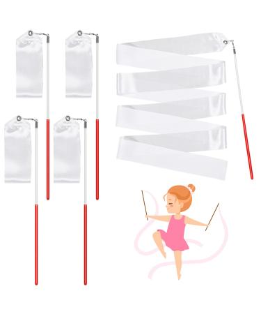 HyDren Gymnastics Ribbon Rhythmic Dancing Streamers Praise Ribbon Dancer Wand Twirling Baton for Adults Kids Ribbon Streamers for Talent Shows Artistic Dancing White 4