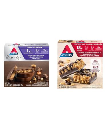 Atkins Endulge Treats Peanut Butter Cups Low Sugar High Fibre 1g Sugar 2g Carbs 10ct & Protein Bars - Chocolaty Chip Granola Low Sugar High Protein High Fibre 1g Sugar 3g Carbs 5ct Peanut Butter Cups Endulge Bars + Protein Bars