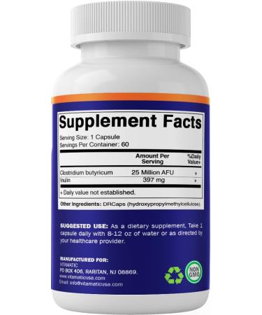 Vitamatic Clostridium butyricum 25 Million - Gut Health - 60 DR Capsules (Delayed Released) - Made with Prebiotic Inulin Fiber- 2 Pack - Buy Online on GoSupps.com