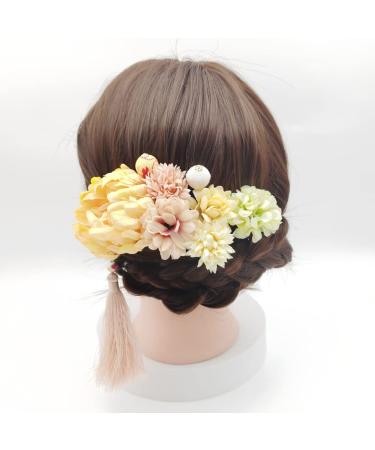 Japanese Kimono Hair Clips - Chiffon Flower Hairpins with Tassel | 9-Piece Set of Women's Hair Accessories for Weddings & Photo Props - Yellow - Buy Online on GoSupps.com