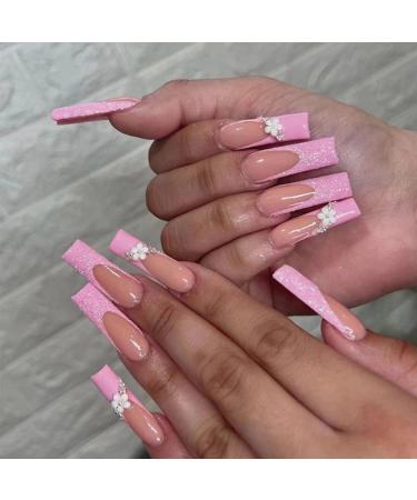 JUSTOTRY 24 Pcs 3D Fake Nails Long Pink French Press on Nails with Flower Designs Orange Medium Ballerina Stick on Nails for Women Acrylic Coffin False Nails with Glue for Nail Art fpo