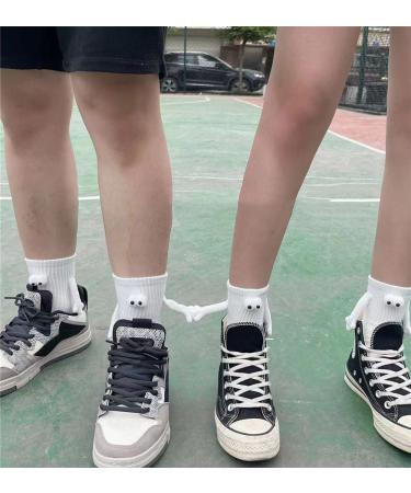 Couple Holding Hands Magnetic 3D Doll Socks - 2 Pair White Mid-Tube Funny Socks - Buy Online on GoSupps.com