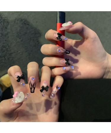 Black Flame Love Heart Bow with Diamond Shining Pearl Cute Cat 24pc False Nails Wearable Fake Nails Set Press On Nail with Glue LTMJ-25