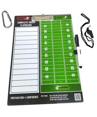 Coach D's Complete Coach Flag Football or Tackle Dry Erase Clipboard - Double-Sided Coaching Marker Board to Plan Offense and Defense - Execute Your Game Plan! Bonus Whistle, Clip-on Marker, and Clip