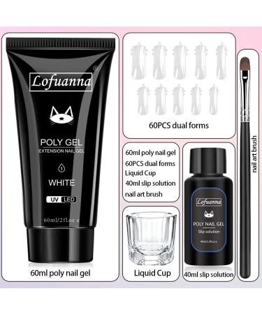 Lofuanna Poly Nail Gel Set - 60ml White Nail Extension Gel Kit with Slip Solution Nail Form Brush & Glass Cup - Perfect for Beginners & Nail Art Designs - Buy Online on GoSupps.com